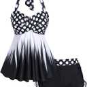 Rosegal Womens Plus Size Polka Dot Halter Twist Cinched Ruched Boyshorts Tankini Swimwear (3XL, Black_4)
