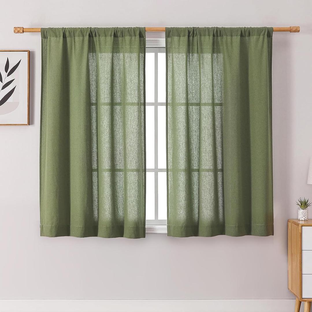 OWENIE Colin 45 Inch Short Sage Green Curtains for Bedroom Living Room 2 Panels Set, Soft Semi Sheer Light Filtering Linen Textured Curtains, Farmhouse Rod Pocket Privacy Drapes, 42x45 Inch