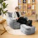 Cvortll Bean Bag Chair with Ottoman, Armrest Bean Bag Chairs with Filler, Ultra Soft Fluffy Faux Fur Bean Bag Chair with Foot Rest, Plush Lazy Sofa with Foot Stool for Living Room, Dorm, 37.4 inches x 37.4 inches x 27.16 inches
