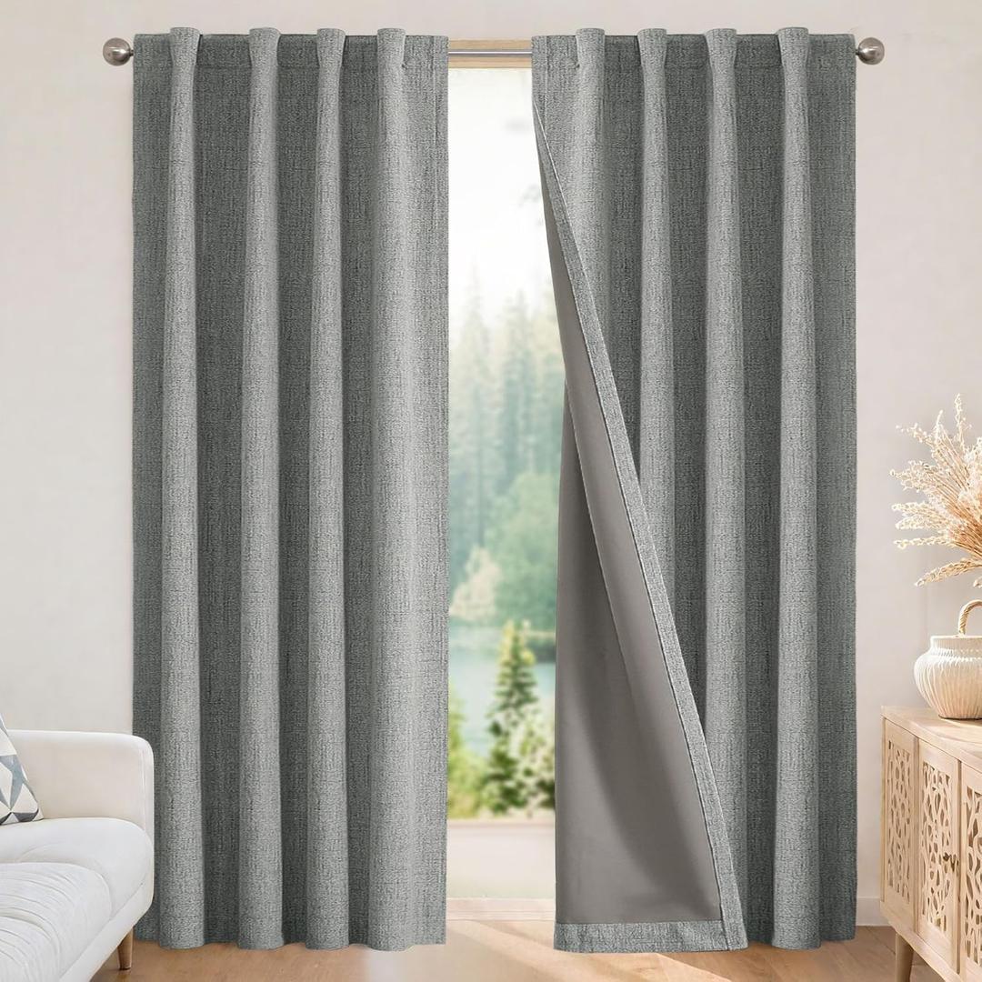 Joydeco Blackout Curtains for Bedroom - 90 Inch Long 100% Light Blocking 2 Panels Light Grey Drapes, Thermal Insulated Room Darkening Curtains, Linen Textured for Living Room, Rod Pocket & Back Tabs