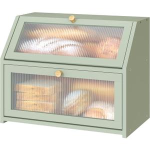 Green Bread Box for Kitchen Counter, Large Bamboo Wood Double Layer Bread Box, Wooden Bread Storage Capacity