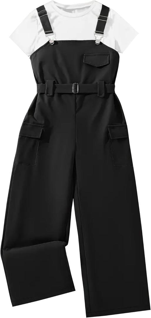 Hilinker Girl's Overalls 2 Piece Outfits Short Sleeve Top and Cargo Jumpsuit Set with Pockets White Black 11-12 Years