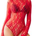 Avidlove Long Sleeve Lace Bodysuit Tops Turtle Neck Sheer Body Suits Going Out Top Fall Outfits Clubwear (Red, XXL)