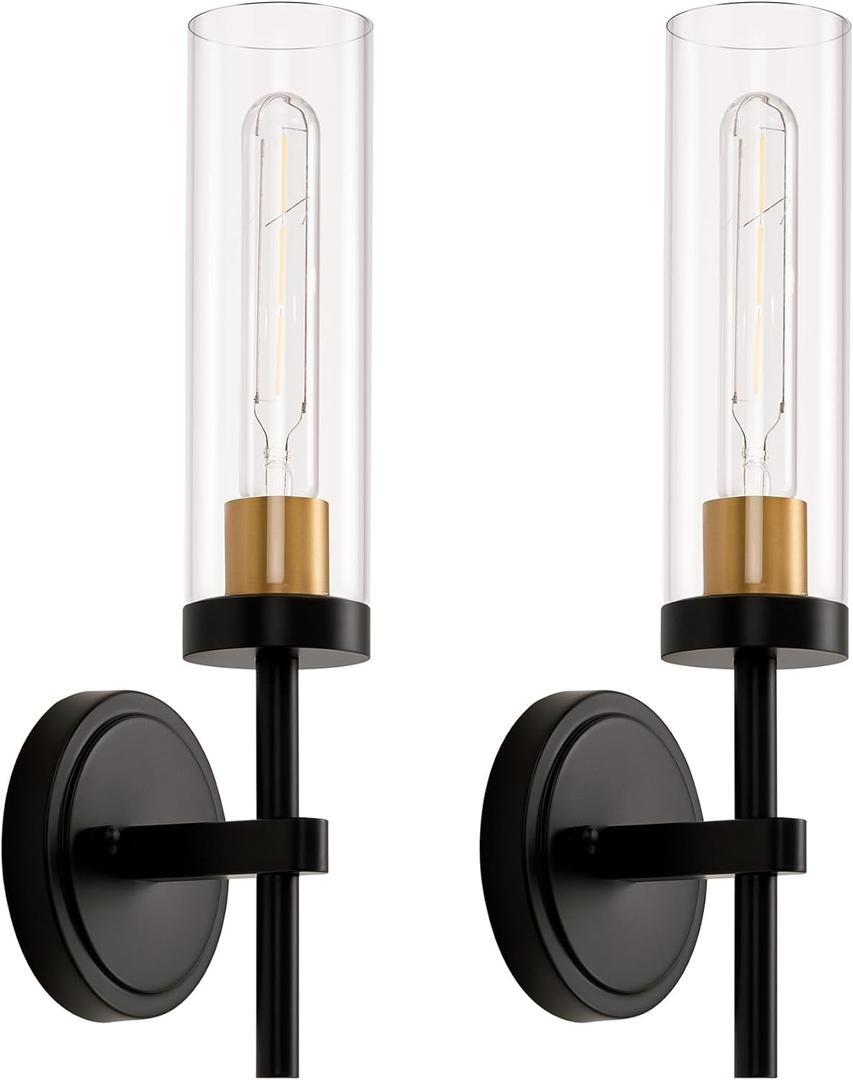 Black and Gold Hardwired Wall Sconces Set of 2, Modern Bathroom Vanity Sconces Wall Lighting with Clear Glass Shade, Farmhouse Wall Mount Lights for Mirror Bedroom Living Room Hallway Kitchen (Hardwired 1-Light (2 Pack), Black Gold & Clear Glass)