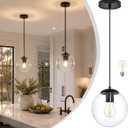 KoKo&Yukina 8 inch Globe Pendant Lighting for Kitchen Island Mid Century Modern Hanging Light Fixture with Clear Globe Glass Black Industrial Hanging Ceiling Lights for Bathroom Entryway (Bulb Incl.), 8 inch - standard