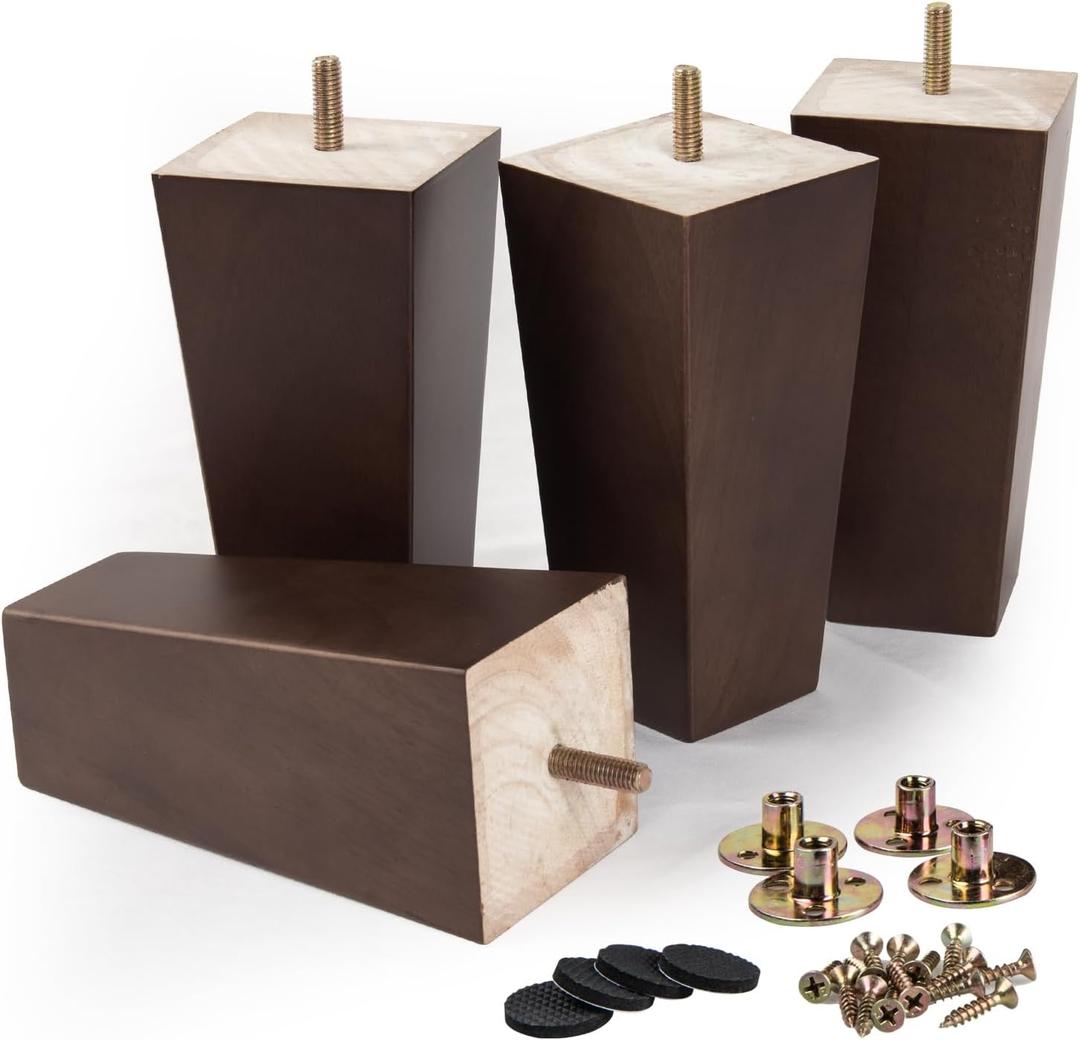 La Vane 12 inch / 30cm Solid Wood Furniture Legs Set of 4, Walnut Square Pyramid Replacement Feet for Couch Sofa Armchair - Mid-Century Modern with Pre-Drilled 5/16 inch Bolt & Metal Mounting Plates