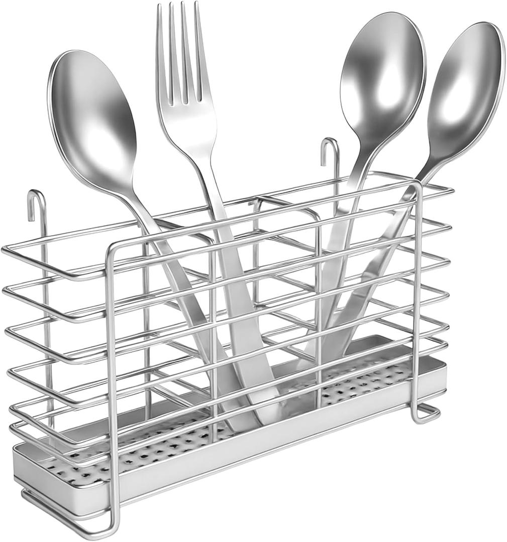 KESOL 304 Stainless Steel Utensil Drying Rack with Hooks & 3 Divided Compartments, Silverware Drying Basket, Spoon and Fork Organizer, Rustproof Kitchen Drainage Basket Accessories, Silver, 2x8.7x5 (Small)