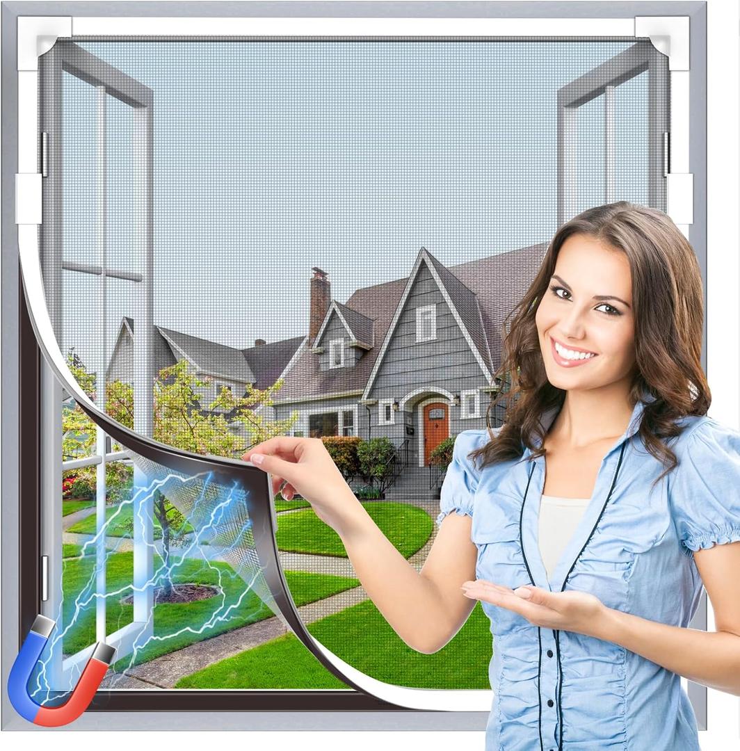 Window Screen Adjustable Magnetic Window Screen Replacement Max 43 x 71, DIY Fiberglass Mesh Window Screens for House Windows White Frame Grey Mesh
