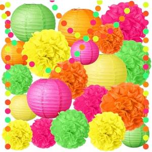 Riakrum 22 Pcs Neon Birthday Party Decorations Include 8 Colorful Paper Lanterns 12 Tissue Paper Pom Poms 2 Garlands for Wedding Bridal Shower Party Supplies