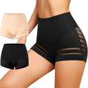 ASIMOON Tummy Control Boyshorts Underwear for Women Stretch High Waisted Shapewear Sexy Mesh No Show Panties for Ladies, S, 2 Pack