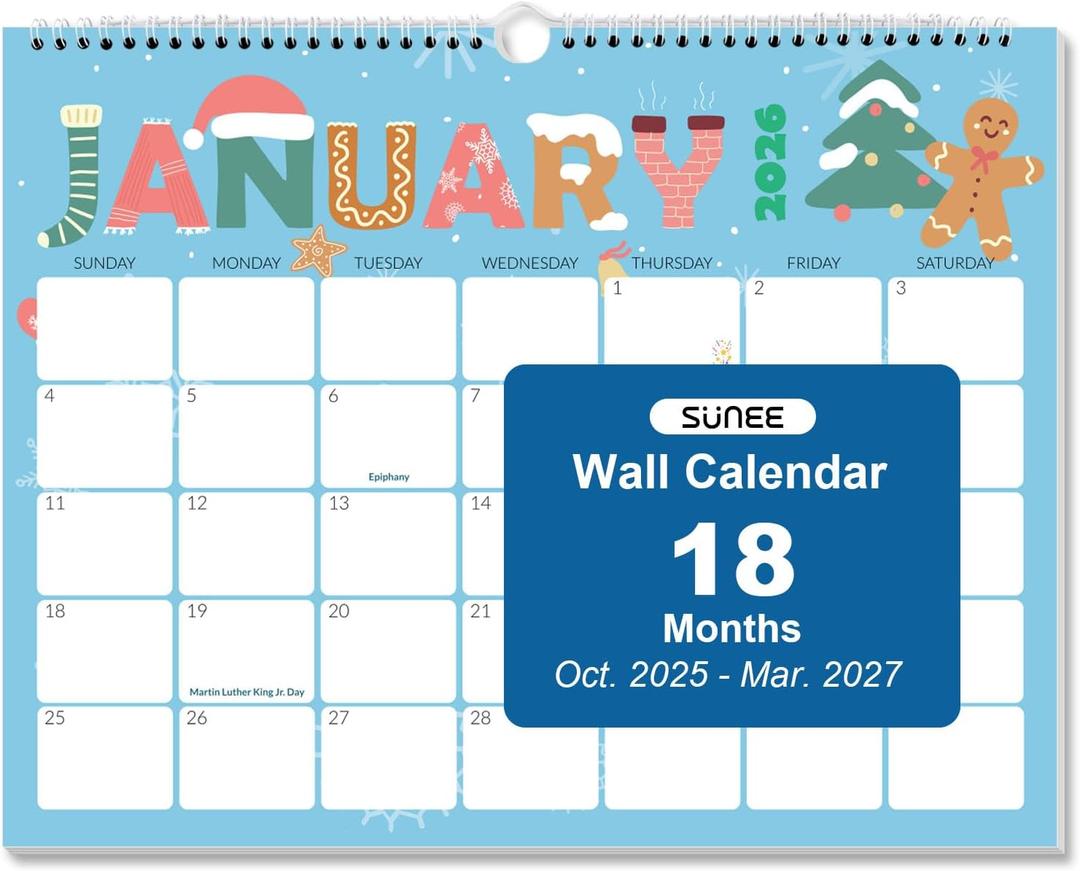 SUNEE 2026 Calendar, 18 Months 2026 Wall Calendar Hanging Calendar 11"x8.5", October 2025 to March 2027, for Organizing & Planning, Cute