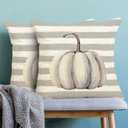 Fall Pillow Covers 16x16 Inch Set of 2,Grey Pumpkin Throw Pillows Case,Gray Stripes Autumn Outdoor Decorative Square Linen Farmhouse Harvest Decor Cushion Covers for Home Sofa Bed Couch