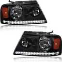 Headlights for 2004-2008 Ford F150 / 2006-2008 Lincoln Mark LT Pair Front Lights w/LED Running LIghts Replacement Headlamps Black Housing Amber Reflector