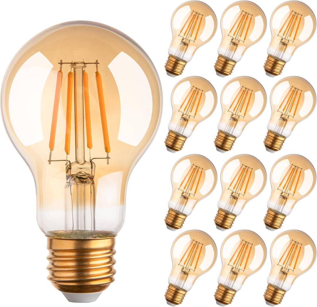 12Pack 2200k Led Light Bulb, Vintage A19 Edison Bulbs, Dimmable Amber Warm Yellow Light Bulb, Soft Yellow Led Filament Amber Light Bulbs, Old Style Light Bulbs, 60W Equivalent, 6 Watt, E26 Base