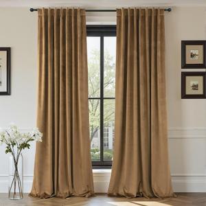 Velvet Curtains 84 Inch Length 2 Panels Set Gold Brown Light Blocking Thermal Insulated Room Darkening Window Drapes Soft Luxury Curtain for Living Room Bedroom Back Tab Pleated Pocket 7ft Long Golden