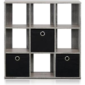 Furinno Simplistic 9-Cube Organizer with Bins, Small Size (Assembled unit dimensions : 7.9"D x 26.5"W x 26.7"H inches), French Oak/Black (9-Cube with Bin, Grey/Black)