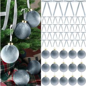 51 Pcs Christmas Velvet Ornaments 15 Pcs Christmas Tree Decor Balls 3.14" 36 Pcs Velvet Vintage Ribbon Bows 5/8" Wide 6 * 8" for Xmas Tree Hanging Decorations Home Indoor Decor (Gray Blue)
