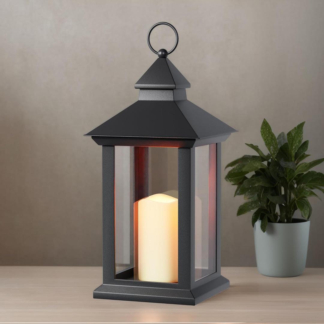 Lanterns Decorative Indoor, 1 Pack Black Decorative Flameless Candle Lanterns with Timer, Vintage 14" Waterproof Hanging Outdoor Lanterns, Battery Operated for Porch, Patio, Wedding Decor