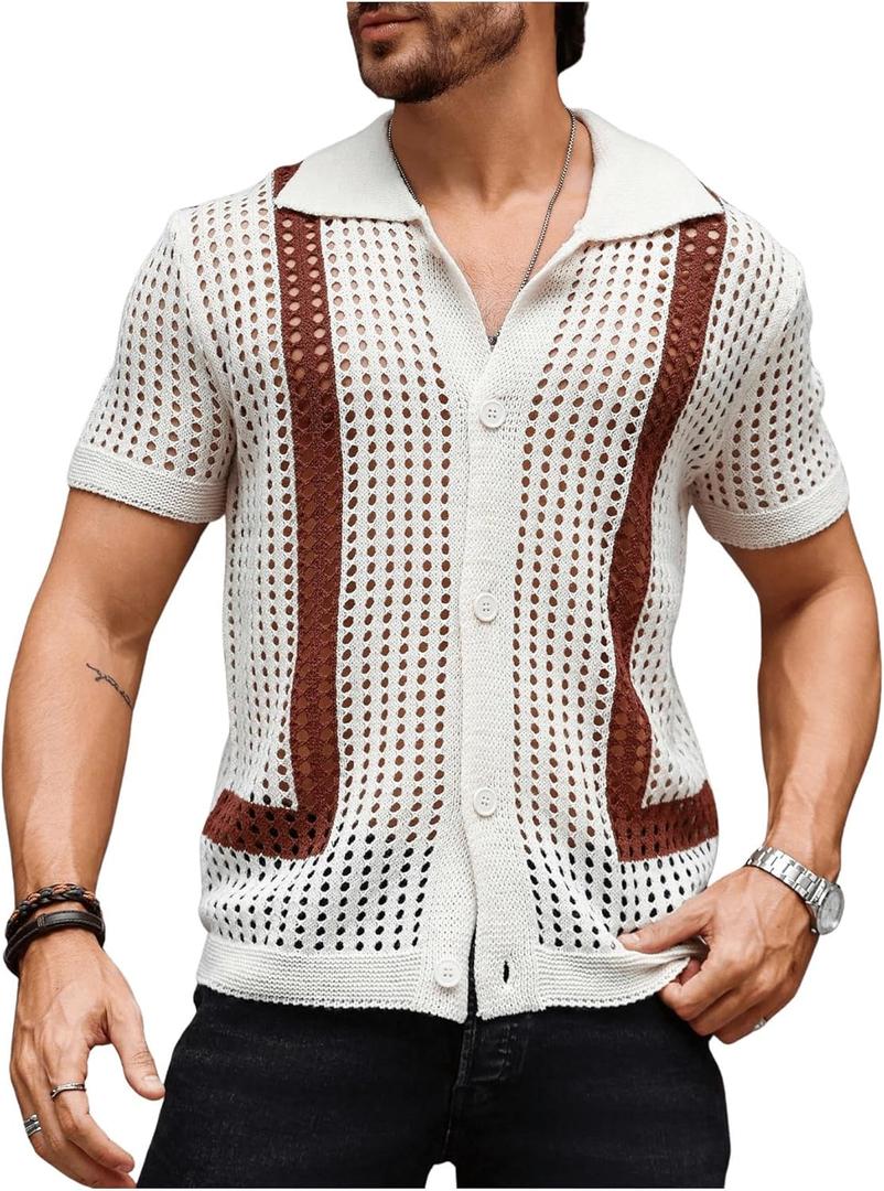 Verdusa Men's Cuban Crochet Shirts Short Sleeve Knit Shirts Casual Button Down Knitted Top Sweater Apricot and Brown Medium