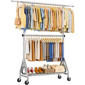 JIEJIERUI Heavy Duty Clothes Rack for Hanging Clothes, Double Rods Clothing Rack with Lockable Wheels, Rolling Garment Racks with Shelf, Easy to Assemble, Silver
