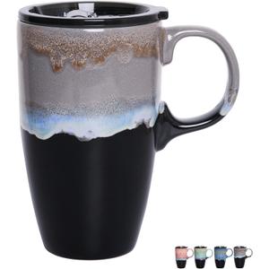 Bosmarlin Ceramic Travel Coffeel Mug with Handle and Lid, 18 oz, Portable Coffee Cup for Car Cup Holder, Microwave and Dishwasher Safe, Reactive Glaze (Grey) (Gray)