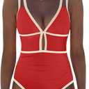 popvil Women One Piece Swimsuit 2026 Tummy Control Sexy Cutout Neon Color Block Bathing Suit Slimming Adjustable Swimwear, Size L