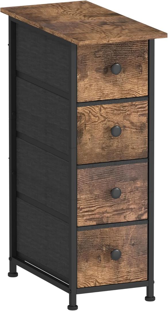 GiftGo Narrow Dresser Vertical Slim Dresser Chest of Drawers Skinny Storage Tower for Small Spaces Gaps Closet Bedroom Bathroom Small Fabric Drawer Unit (Rustic Brown, 4 Drawers) (19.7"D x 9.8"W x 28.3"H (4 Drawers))