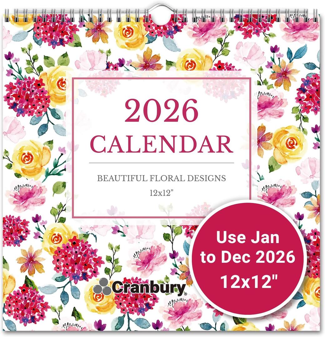 CRANBURY 2026 Wall Calendar 12x12, Floral Hanging Monthly Planner, Large Grid, Square Wall Calendar, from January to December 2026