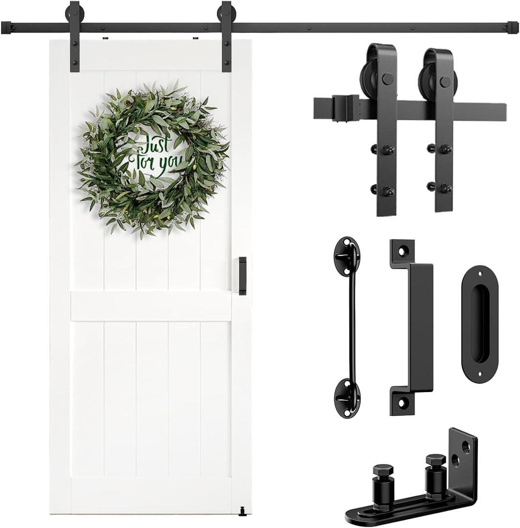 Arti-Life Barn Door Hardware Kit 6FT Heavy Duty Sliding Door Track Kit with Floor Guide and 2 Handles with Lock, Smoothly Hardware kits for Interior Exterior Fit 34"-36" Wide Panel (J Shape Hanger)