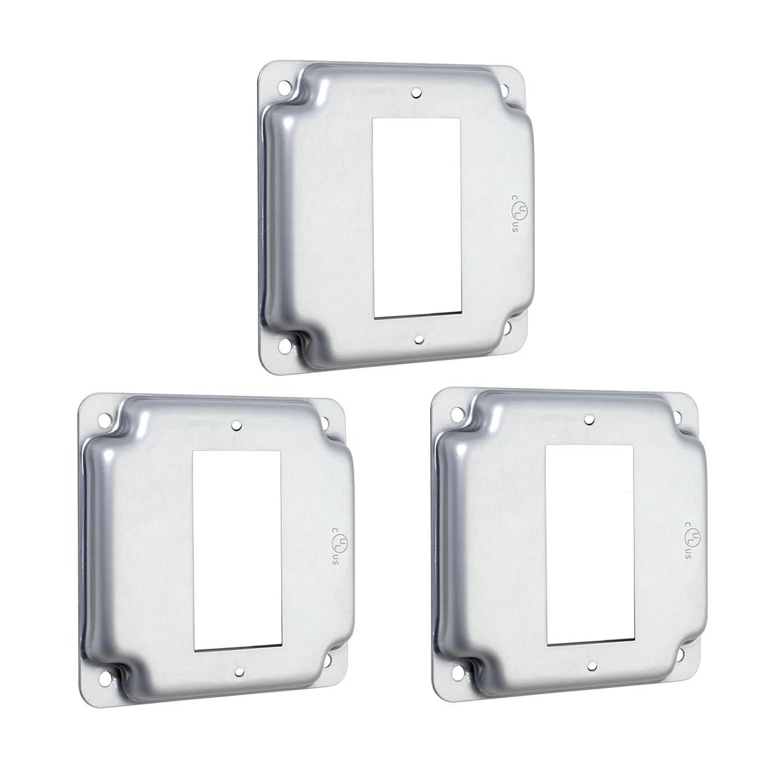 4" Square Decorator Switch Metal Electrical Box Cover,2 Gang Industrial Cover for Exposed Work,1/2”Raised,Galvanized Steel,Easy Installation,3 Pack