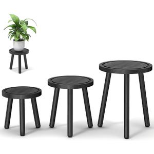 3-Pack Wood Plant Stands Indoor, Single Plant Stand for 6-12 Inch Pots, Mid-Century Modern Plant Stool, Tall Plant Stand for Large Plants for Living Room, Balcony, Office (Black)