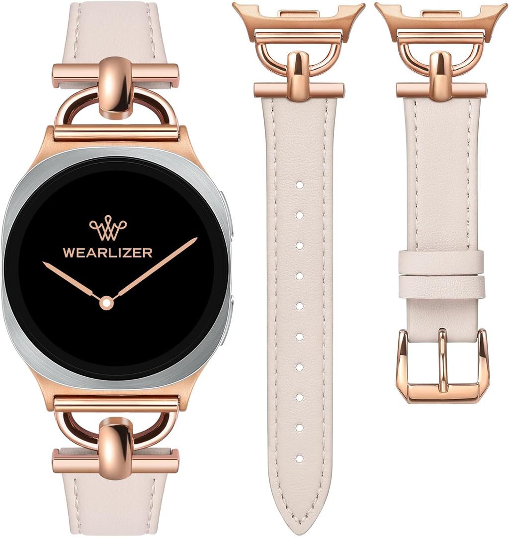Wearlizer Leather Bands Compatible with Samsung Galaxy Watch 8 Band 40mm 44mm/Watch 8 Classic 46mm, Dressy Designer Slim Leather Strap Wristband Accessories with D-Shape Metal Buckle for Women (Starlight/Rose Gold)