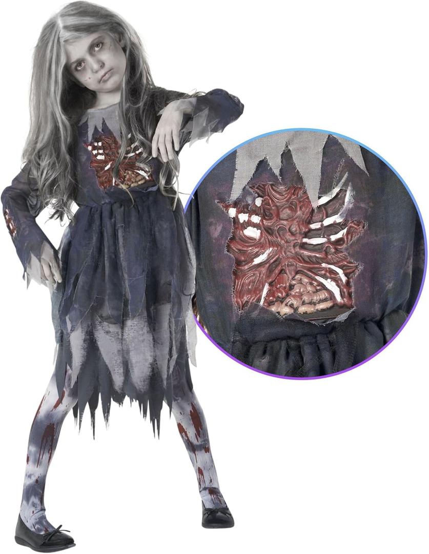 Morph Zombie Costume for Girls - Scary Kids Zombie Bride Outfit - Halloween Dress Up for Children (Medium)