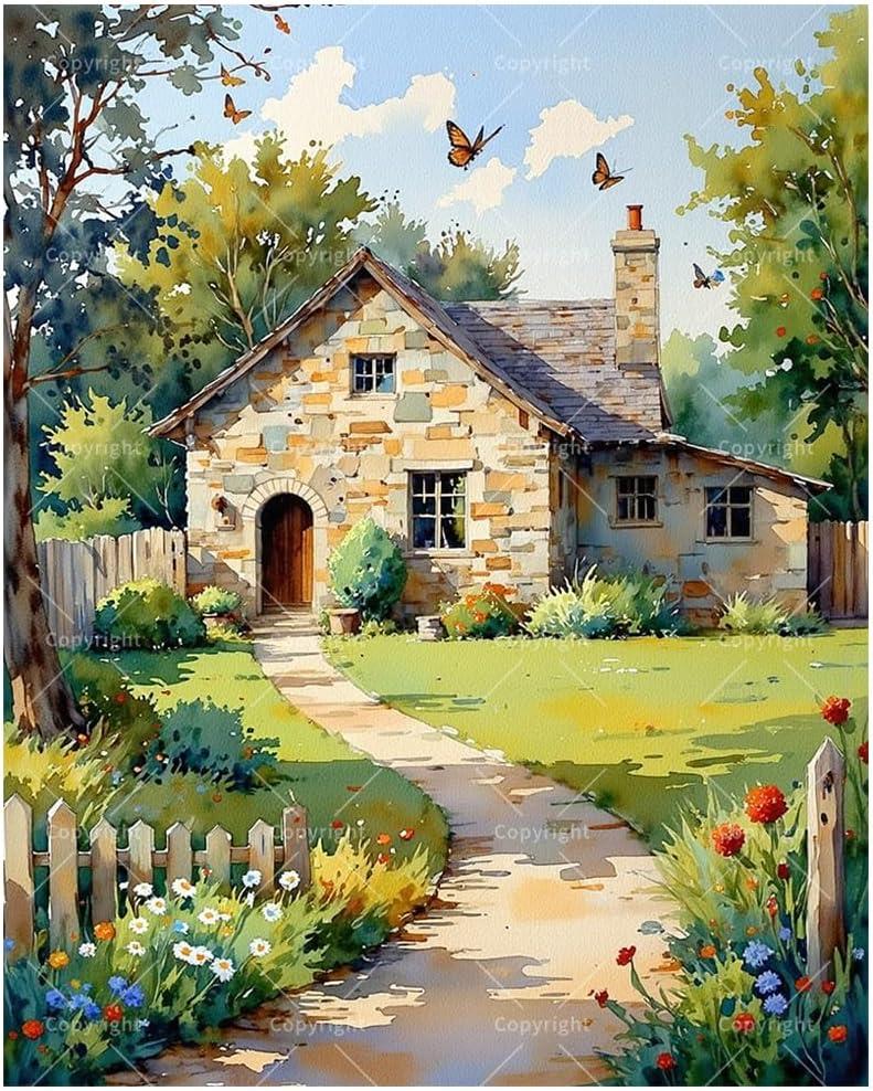 DecorFriday Rustic Cottage Paint by Numbers Kit for Adults - DIY Stone Home with Garden Path Painting on Canvas, Acrylic Paint Set, Suitable for Beginners, Art for Home or Gifts(16X20IN Framed)