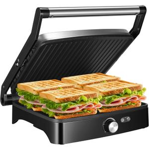 OSTBA Panini Press Grill with Adjustable Temperature, 4-Slice Indoor Grill, 180 Open Sandwich Maker with Drip Tray, Non-Stick Plates, Stainless Steel, 1200W