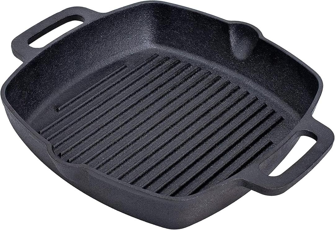Bruntmor 10 Inch Square Cast Iron Grill Pan Steak Pan Pre Seasoned Grill Pan with Easy Grease Drain Spout, with Large Loop Handles for Grilling Bacon, Steak, and Meats