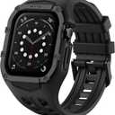 Nereides Rugged Case with Band for Apple Watch Series 9/8/7/6/5/4/SE 3/SE 2/SE 44mm/45mm, Breathable TPU Sport Strap + PC Protective Bumper, Shock-Resistant, Sweat & Water-Resistanty (Black)