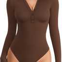 MANGOPOP Henley Bodysuit for Women Button Down Long Sleeve Tops Body Suits Dressy Blouse Casual (Brown, XL)