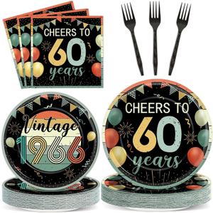 96Pcs Vintage 60th Birthday Plates and Napkins Back in 1966 Theme Party Decorations Supplies Cheers to 60 Years Disposable Tableware Set for Women Men 60th Birthday Party Favor Serve 24