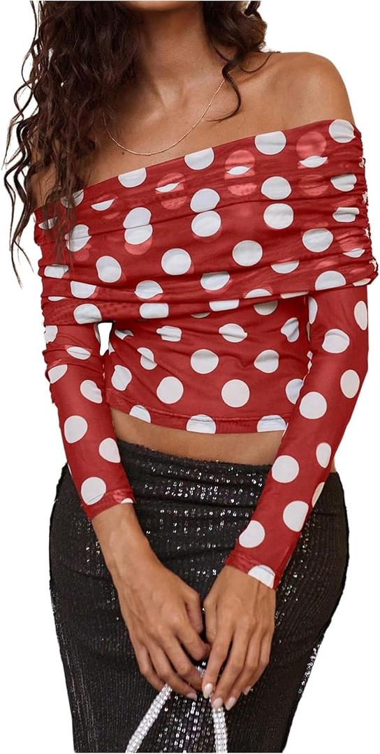 WDIRARA Women's Mesh Polka Dots Off Shoulder Crop Top Ruched Long Sleeve Slim Fit Sheer Tee Shirt (Red)