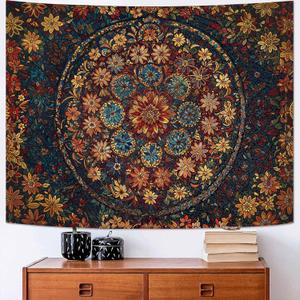 Fowocu Boho Floral Mandala Tapestry Wall Hanging Vintage Bohemian Flower Medallion Tapestry Aesthetic Orange Stained Glass Hippie Small Tapestries for Bedroom Living Room Dorm Decor 48 x 36 Inch