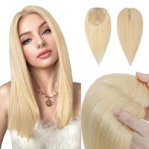 Hairro Human Hair Topper, Clips in 100% Real Hairpieces with 4"x 4.7" Silk Base for Women, for High Hairline/Covering Greyish Thin Hair on Top, 18 Inch Bleach Blonde