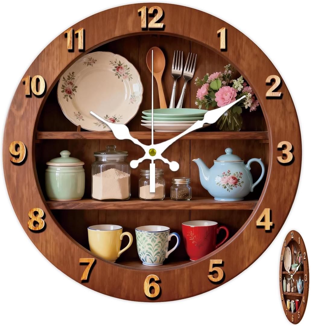 Rustic Kitchen Clock 12 Inch Non-Ticking Flat Printing Pattern Clocks Round Wall Hanging Clock Battery Operated for Bedroom Living Room Kitchen Office