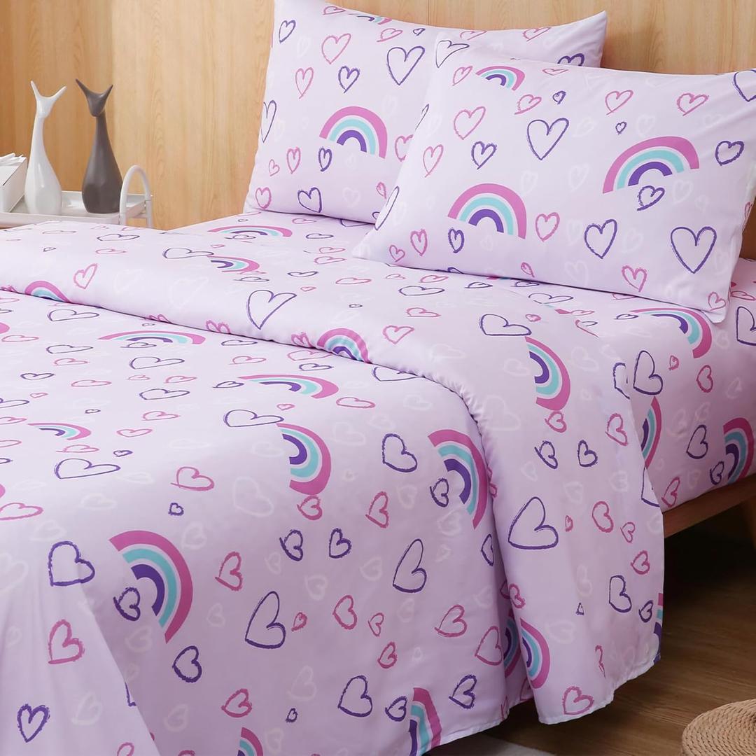 Swiftify Full Size Sheet Set for Kids, Rainbow Hearts Purple Sheets, 4-Piece Bed Sheet Set for Boys & Girls, Soft Brushed Microfiber Bedding, Deep Pocket, Wrinkle & Fade Resistant