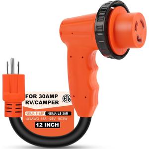 30 Amp to 110 Volt RV Adapter Plug with Locking Connector, NEMA 5-15P to NEMA L5-30R Electrical Power Adapter with Upgraded Grip Handle, ETL Listed