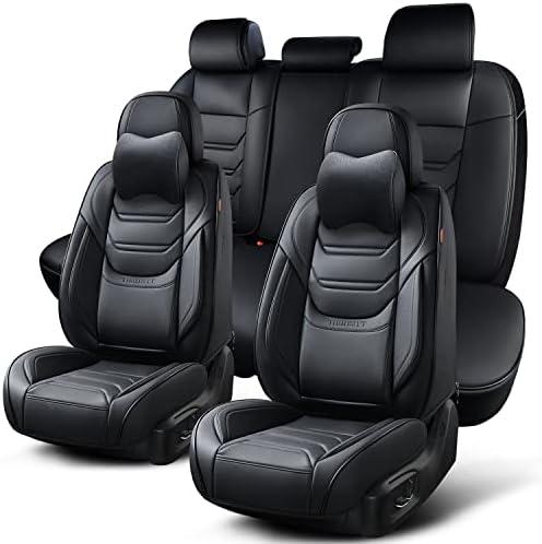 TIEHESYT Black Car Seat Covers Full Set, Breathable Leather Automotive Front and Rear Seat Covers with Headrest, Waterproof Auto Seat Protectors Fit for Most Sedans SUV Pick-up Truck