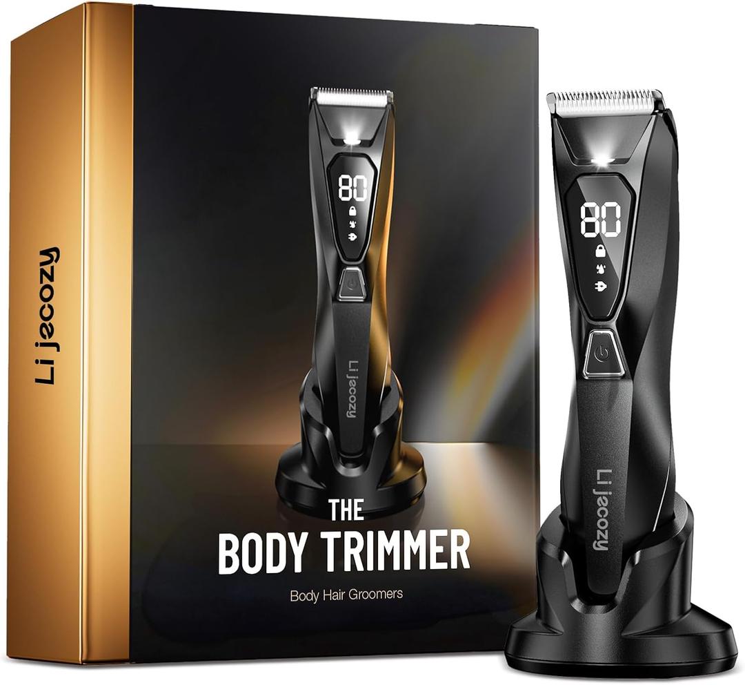 Body Hair Trimmer for Men: Pubic Hair Trimmer with Wireless Charging & 4000K LED Display, Waterproof Wet Dry Body Groomer for Face Legs, 90Min, Ceramic Blade (Mysterious Black)