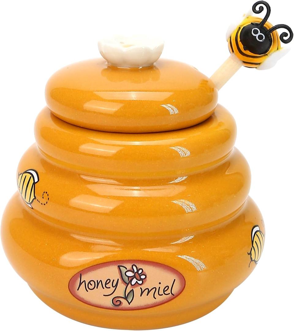 BuleVina Ceramic Honey Pot with Wooden Dipper - Small Bee Hive Jar Honey Storage with Lid Stir Bar (5 Oz) - Farmhouse Kitchen Decor, Tea Accessories, Dishwasher Safe Honey Dispenser Kitchen Supplies