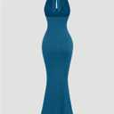 GORGLITTER Women's Halter Tie Maxi Dresses Elegant Classy Backless Cowl Neck Evening Gowns Formal Cocktail Ruched Dress Blue Medium