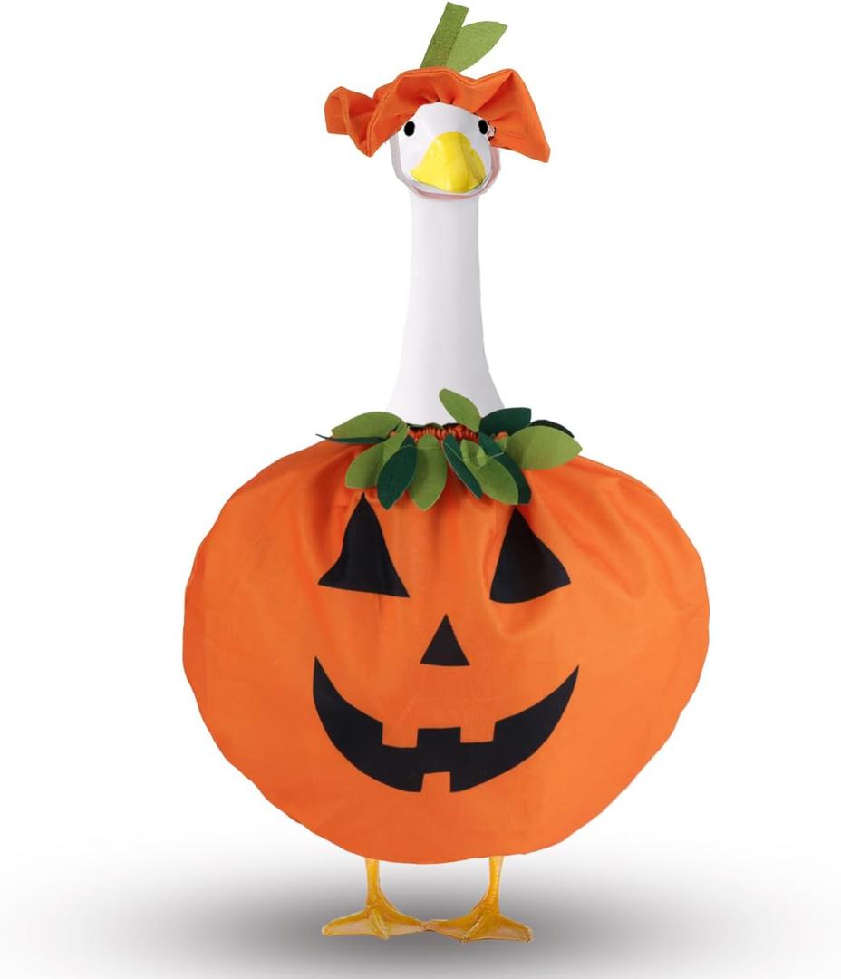 BOXOB 2pcs Halloween Porch Goose Costume, Pumpkin Shaped Porch Goose Outfits Including Clothes Hat Outdoor Patio Yard Lawn Art Decoration for 23in Duck Accessories